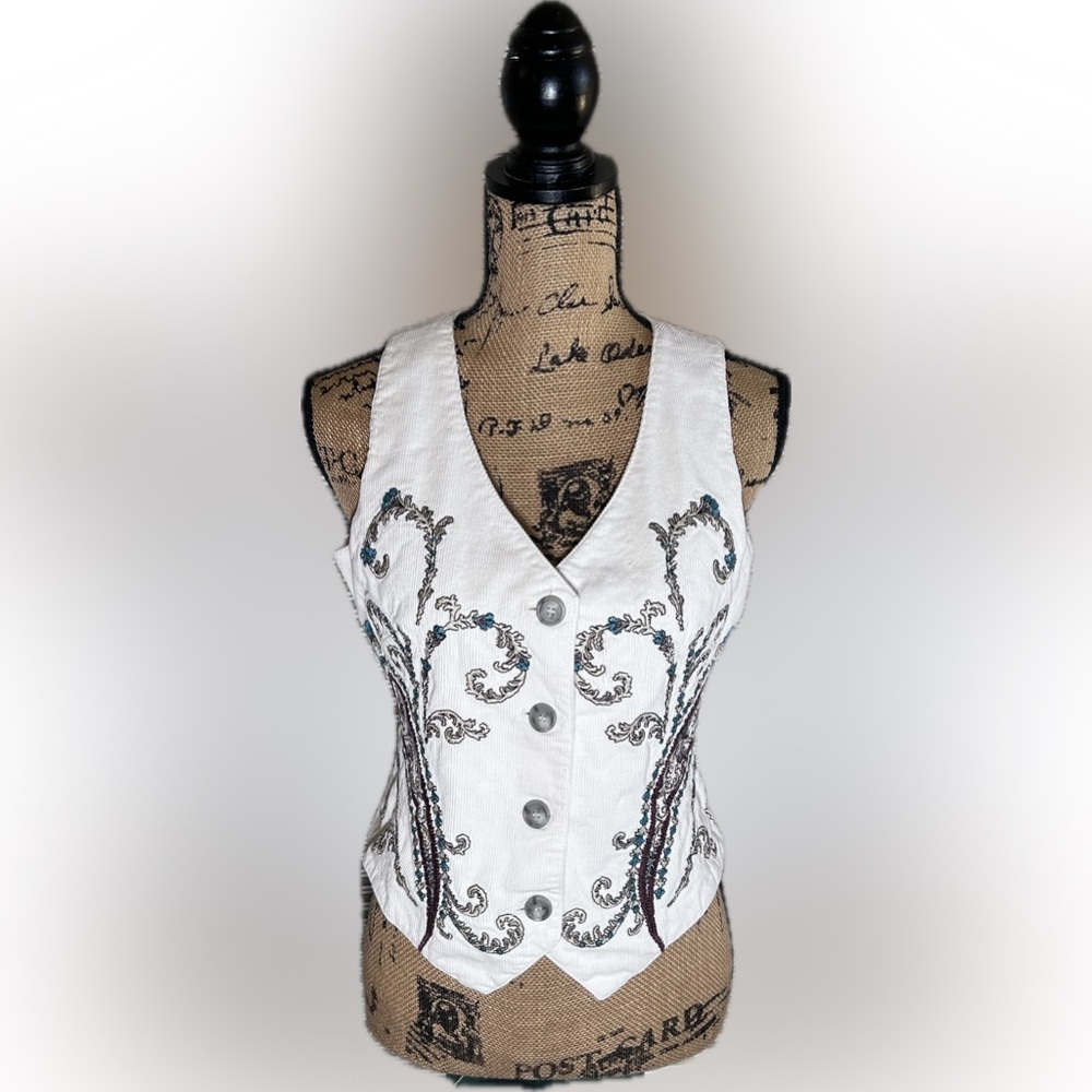 Johnny Was Corduroy Paisley Embroidered Cream Button Down Sleeveless Vest S